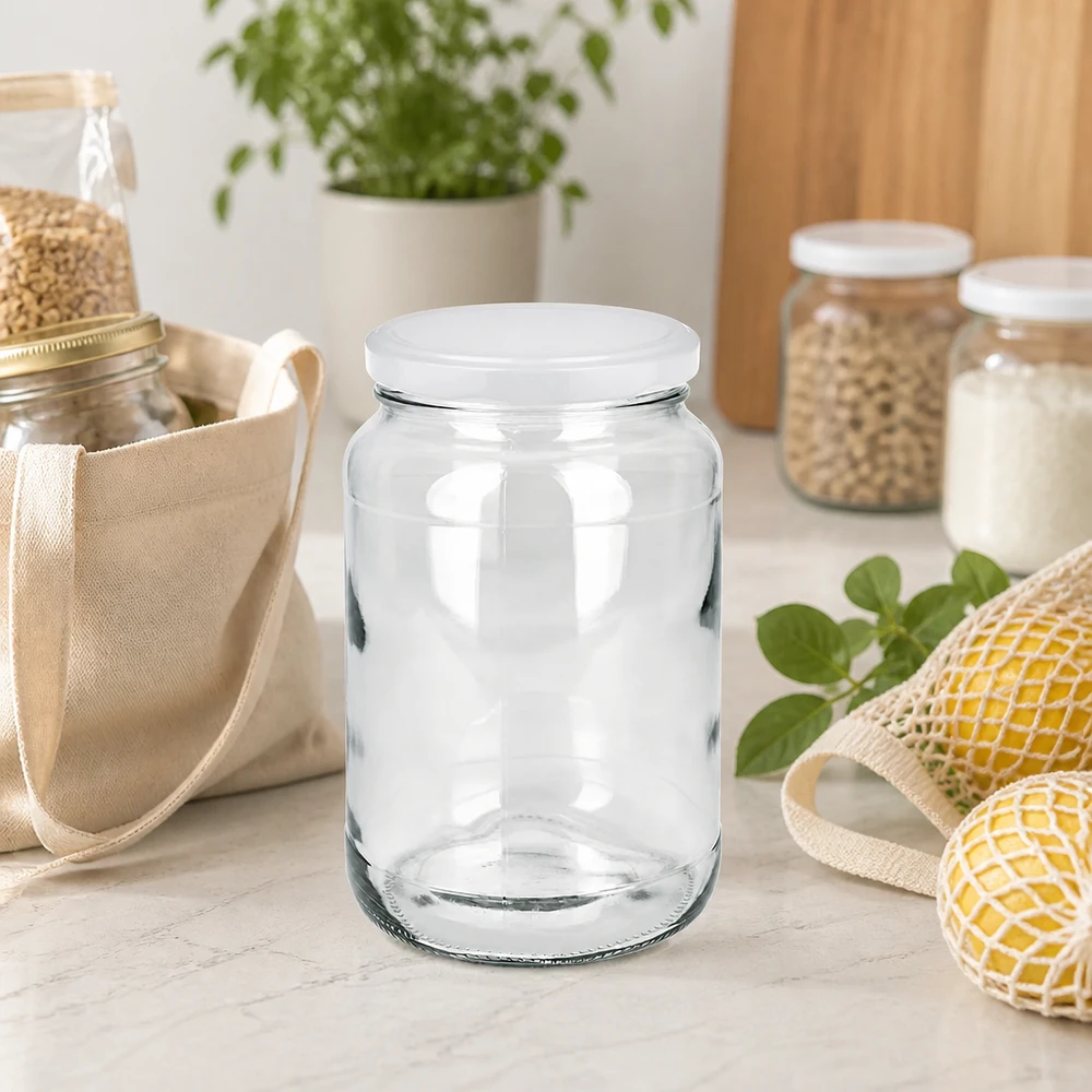Barattolo rotondo da 1700 ml con coperchio BasicSeal bianco UN.. Barattolo rotondo da 1700 ml con coperchio BasicSeal in cucina sostenibile a rifiuti zero con sacchetti in rete e barattoli di stoccaggio