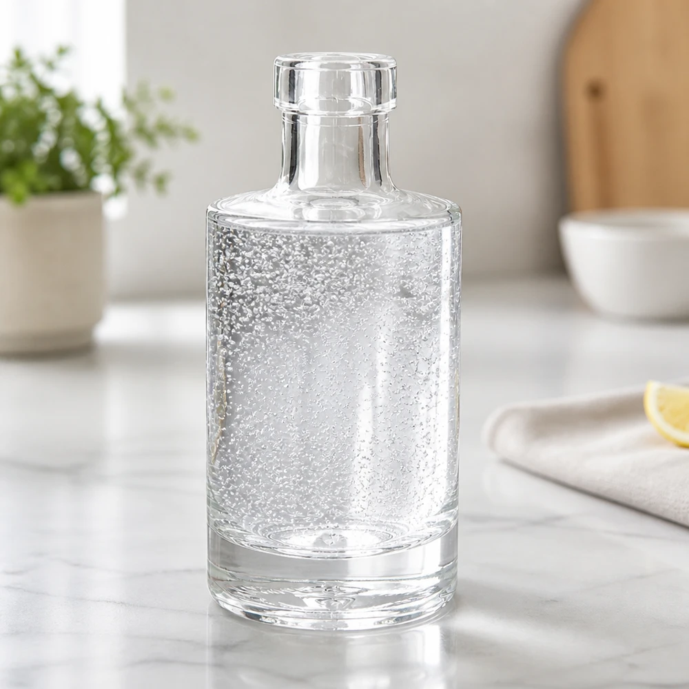 Bottiglia in vetro da 200 ml Marie senza tappo UNiTWIST® Bottiglia di vetro da 200 ml Marie riempita di acqua gassata sul bancone di marmo moderna cucina bottiglia d'acqua scenario di stile di vita