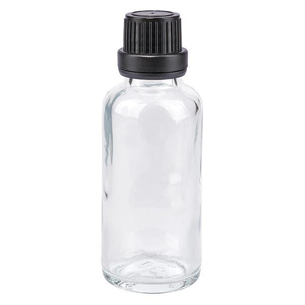 Flacone da farmacia trasparente da 30 ml. SV OV nero/11mm ApoGlas Flacone da farmacia trasparente da 30 ml. SV OV nero/11mm ApoGlas