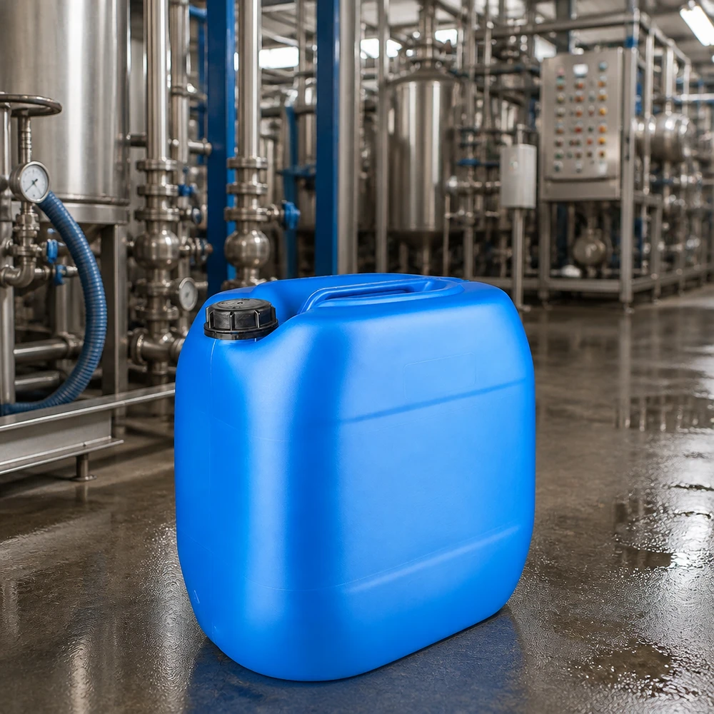 Tanica industriale da 30 litri, blu, con tappo a vite OV in un moderno impianto chimico