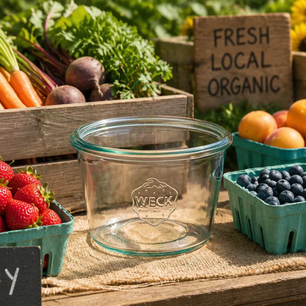 Bicchieri WECK da 370 ml RR100 su un tavolo di legno con frutta fresca biologica fragole mirtilli e verdure