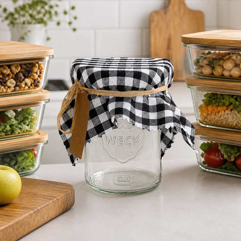Centrino decorativo a scacchi bianchi e neri su un vaso vuoto tra contenitori Scena di cucina 15 cm quadrati