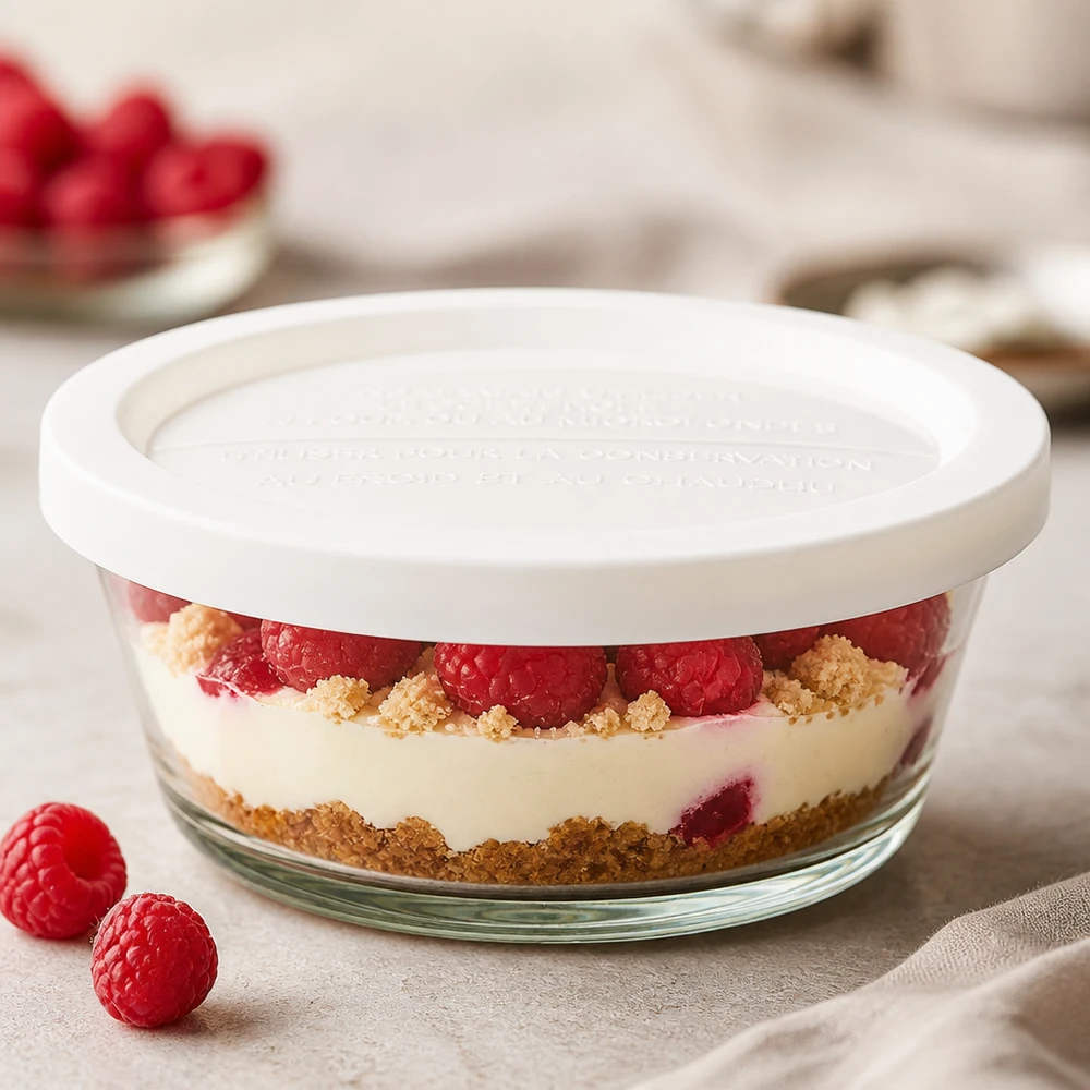 Barattolo gourmet da 300ml con friscia. WECK RR120 WECK RR120 barattolo gourmet da 300 ml con coperchio salvafreschezza riempito di dessert al lampone come esempio di dessert a strati