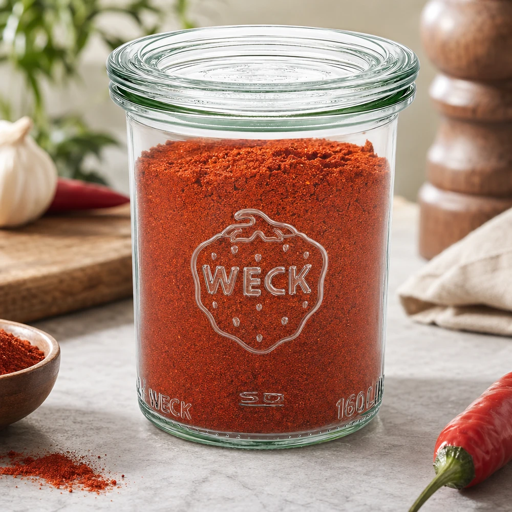 Barattolo WECK 160ml RR60 riempito di paprika rossa in polvere in cucina con peperoncino, aglio e macina spezie