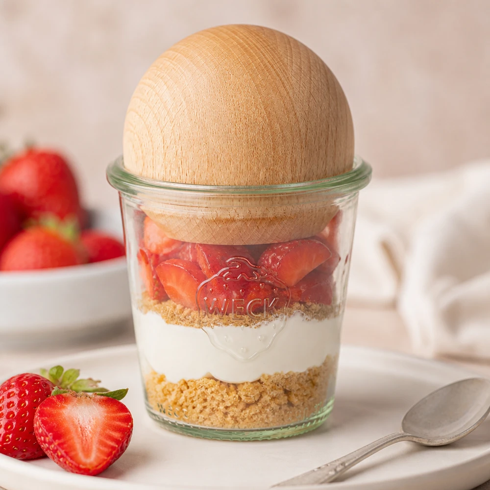 Bicchieri alti da 290 ml WECK RR80 con sfera in legno di faggio WECK tumbler 290ml RR80 vaso da dessert a strati con base di fragole e crema e tappo a sfera in faggio