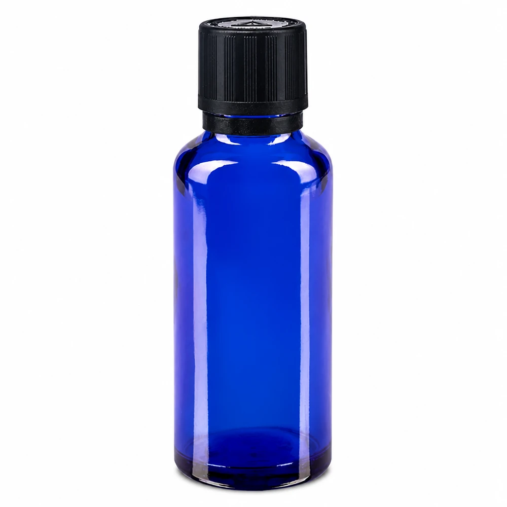 Contagocce blu da 30 ml. OV KiSi Bli nero/1mm ApoGlas Flacone da farmacia in vetro blu da 30 ml con tappo di sicurezza nero a prova di bambino e contagocce da 1 mm