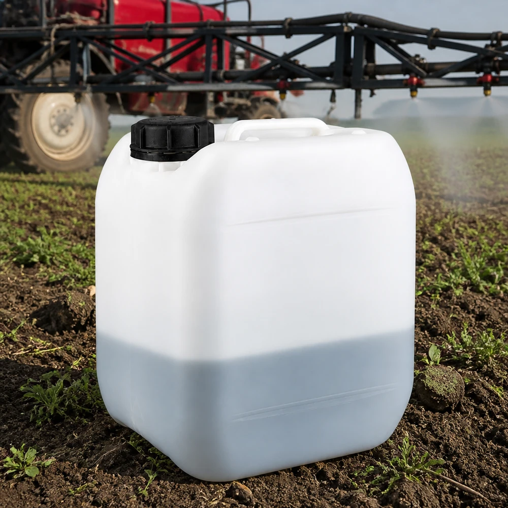 Tanica 5 litri con tappo a vite OV Tanica di plastica bianca da 5 litri con tappo a vite utilizzata in ambito agricolo accanto a un trattore