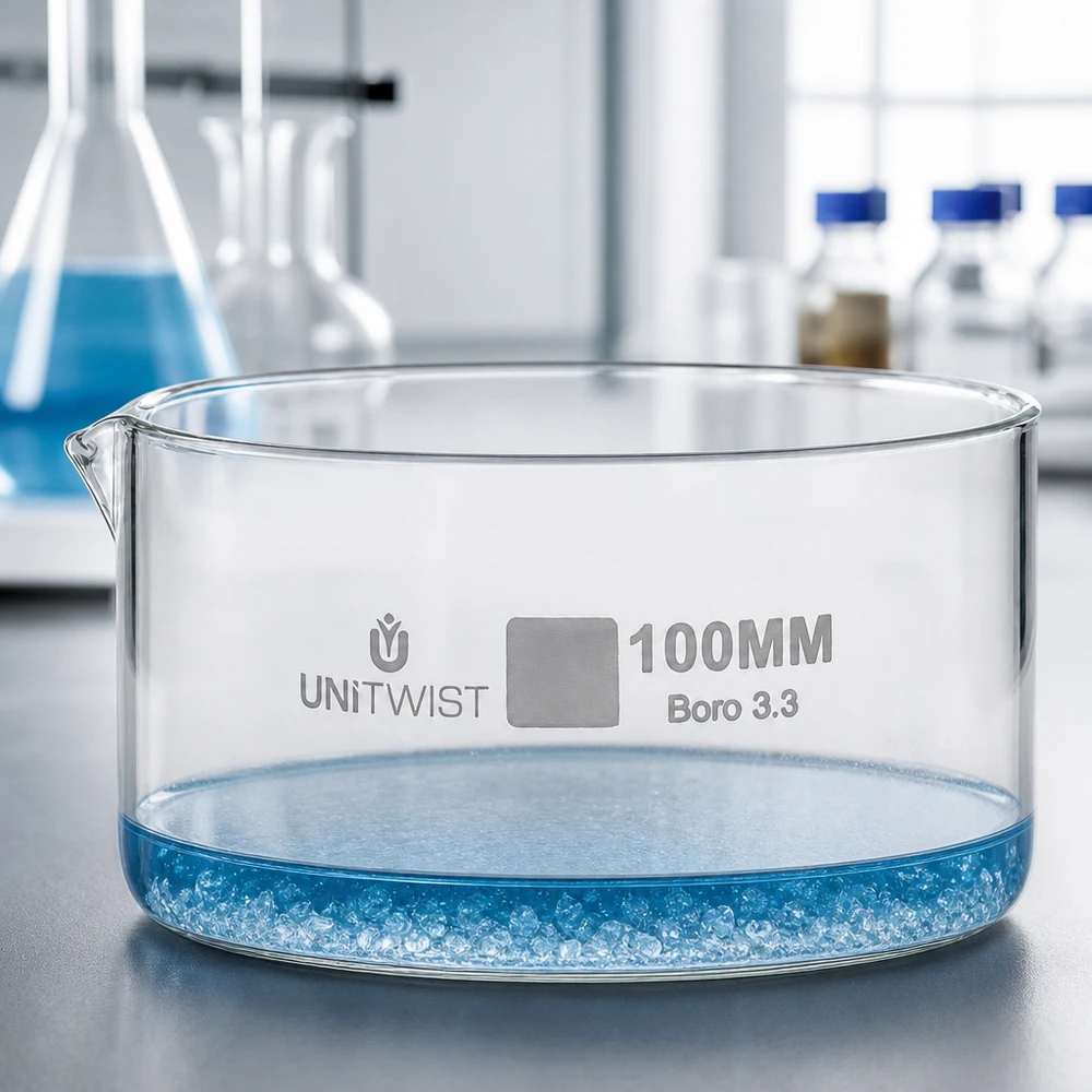 Piatto per cristallizzazione ø100mm in vetro borosilicato UNiTWIST UNiTWIST Vaschetta di cristallizzazione 100 mm Boro 3.3, forma piatta, bordo basso, vetro da laboratorio trasparente