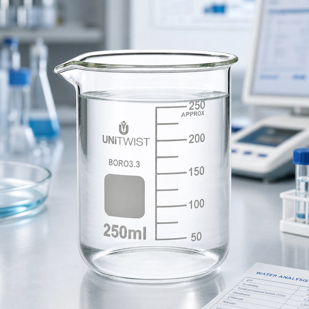 Bicchiere da laboratorio da 250 ml di forma bassa su una bilancia da laboratorio, con un documento relativo all'analisi dell'acqua sullo sfondo
