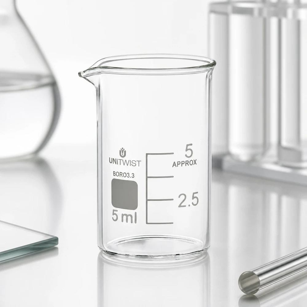 Bicchiere di vetro trasparente da 5 ml in borosilicato 3.3, forma bassa con graduazione in millilitri visibile