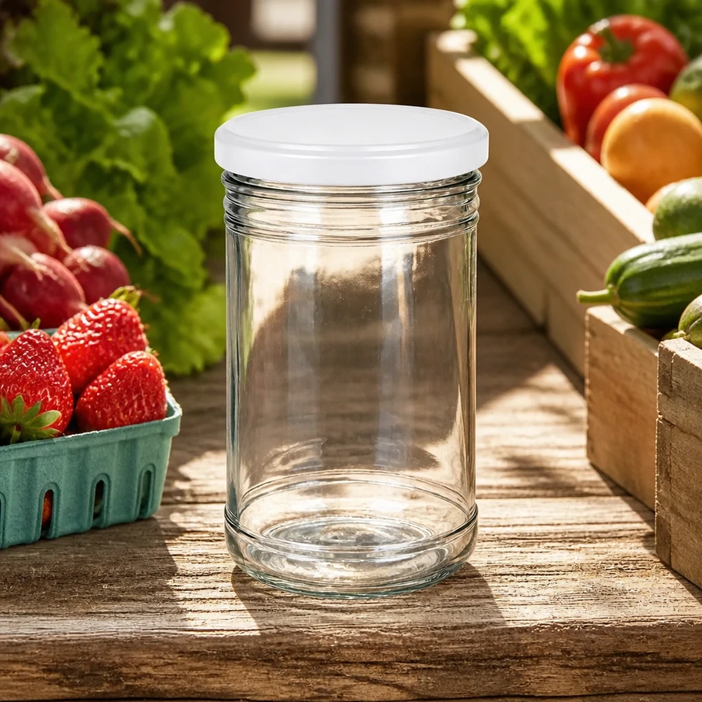 Vaso da 1053 ml con coperchio BasicSeal bianco UN... Vaso da 1053 ml vuoto su un tavolo di legno con frutta e verdura fresche mostra un ambiente di cucina ideale per la preparazione e la conservazione dei pasti.