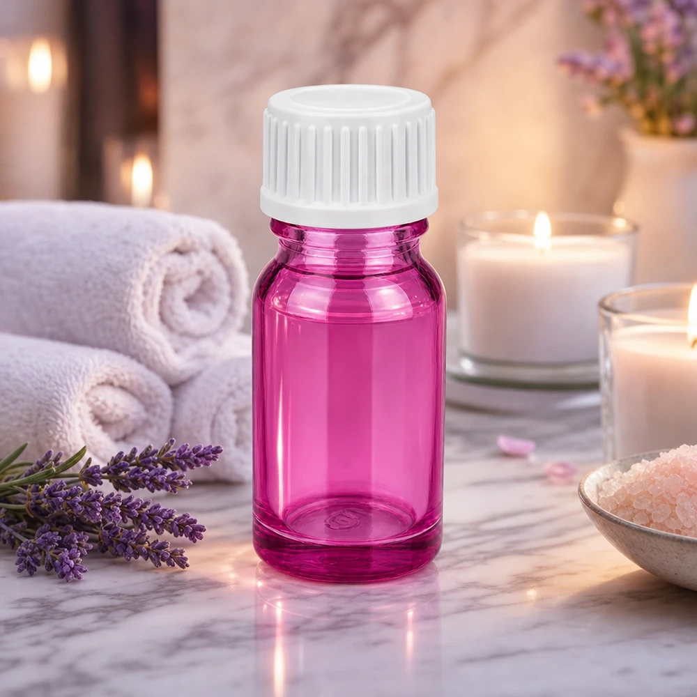 Flacone da 10 ml (globulo). Anello di versamento da 3 mm bianco standard PurpleLine. UT18/10 Robusto flacone in vetro da 10 ml di colore viola traslucido, ideale per sieri e concentrati.