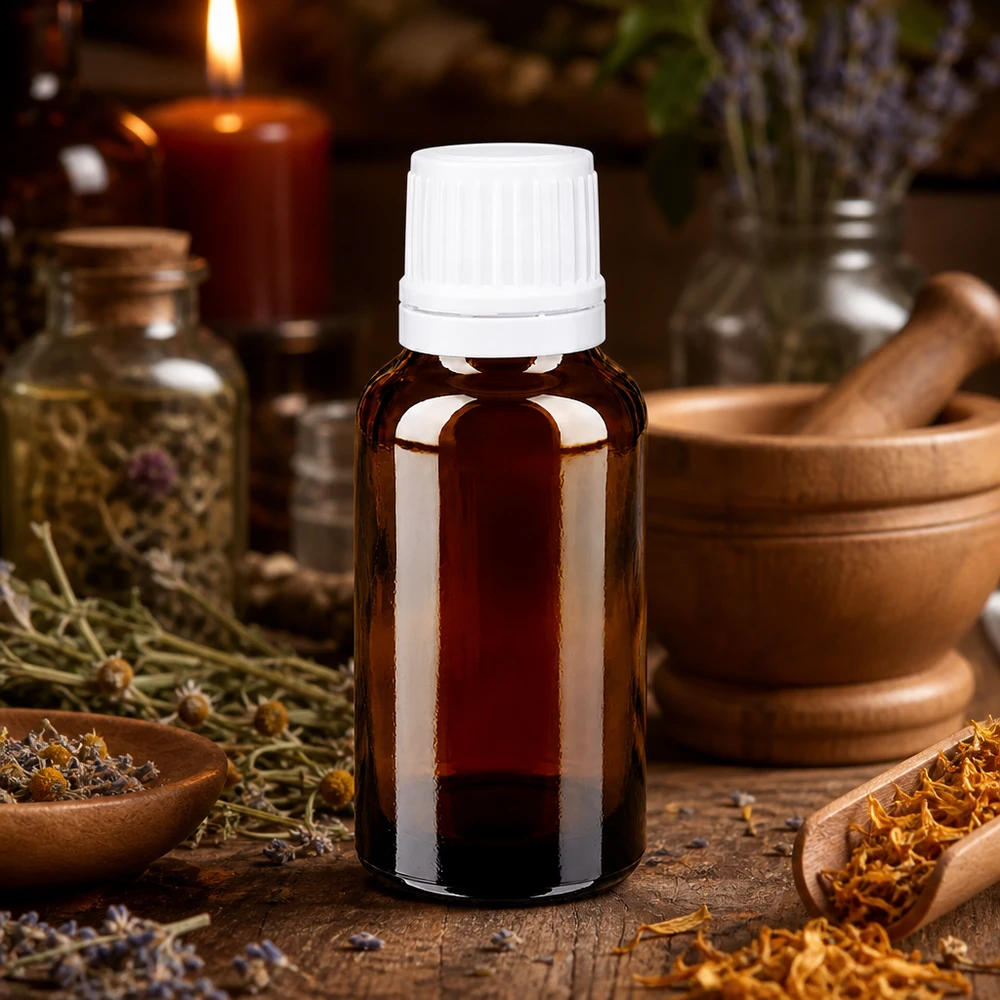 Piccolo flacone in vetro ambrato da 20 ml con tappo contagocce bianco, circondato da erbe medicinali e un mortaio