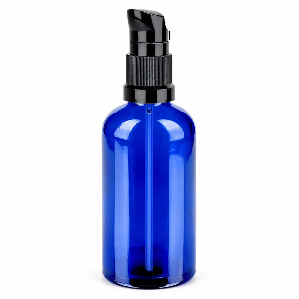 Flacone a pompa da 100 ml nero STD BlueLine UT18/100 Flacone a pompa da 100 ml in vetro blu con dosatore a pompa nero per cosmetici e prodotti per la cura della persona