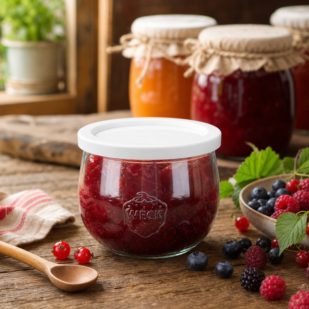 Vaso a tulipano WECK 580ml RR100 riempito di marmellata di frutti di bosco in cucina rustica con frutta fresca e barattoli da conserva