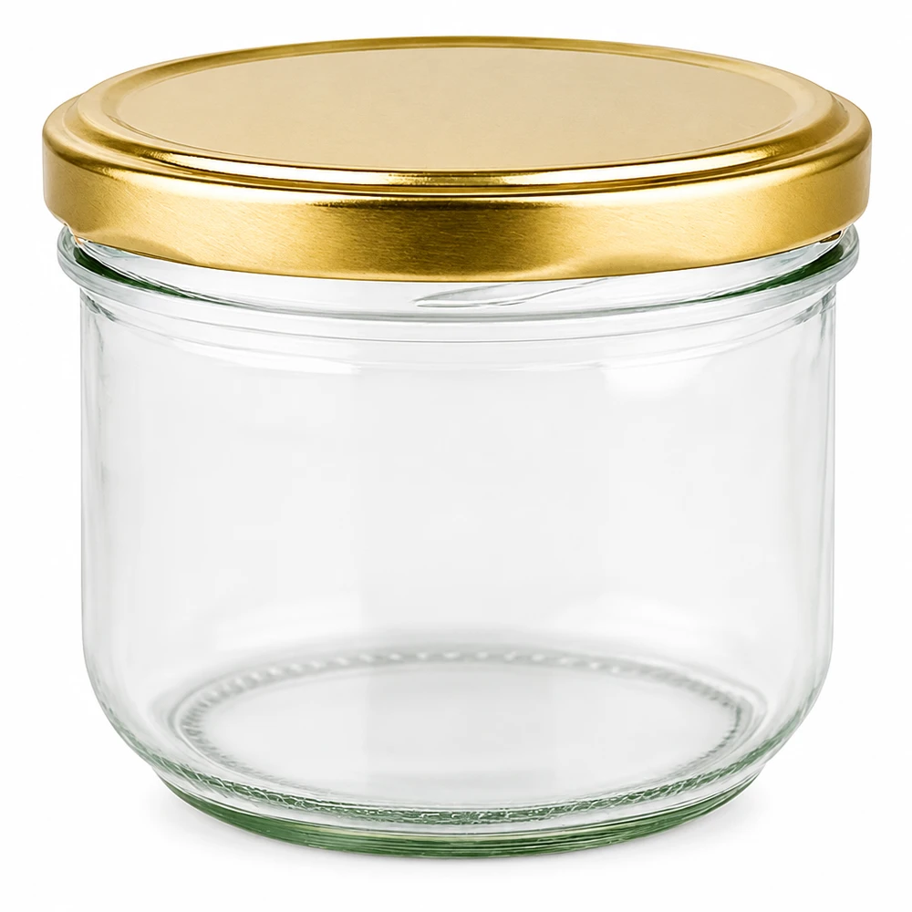 Bicchieri da 260 ml con coperchio BasicSeal oro UNiTWIST Bicchieri vuoti da 260 ml con coperchio dorato BasicSeal Sistema UNiTWIST per marmellate e conserve