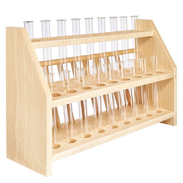 Portaprovette in legno con 18 provette in borosilicato 100x12