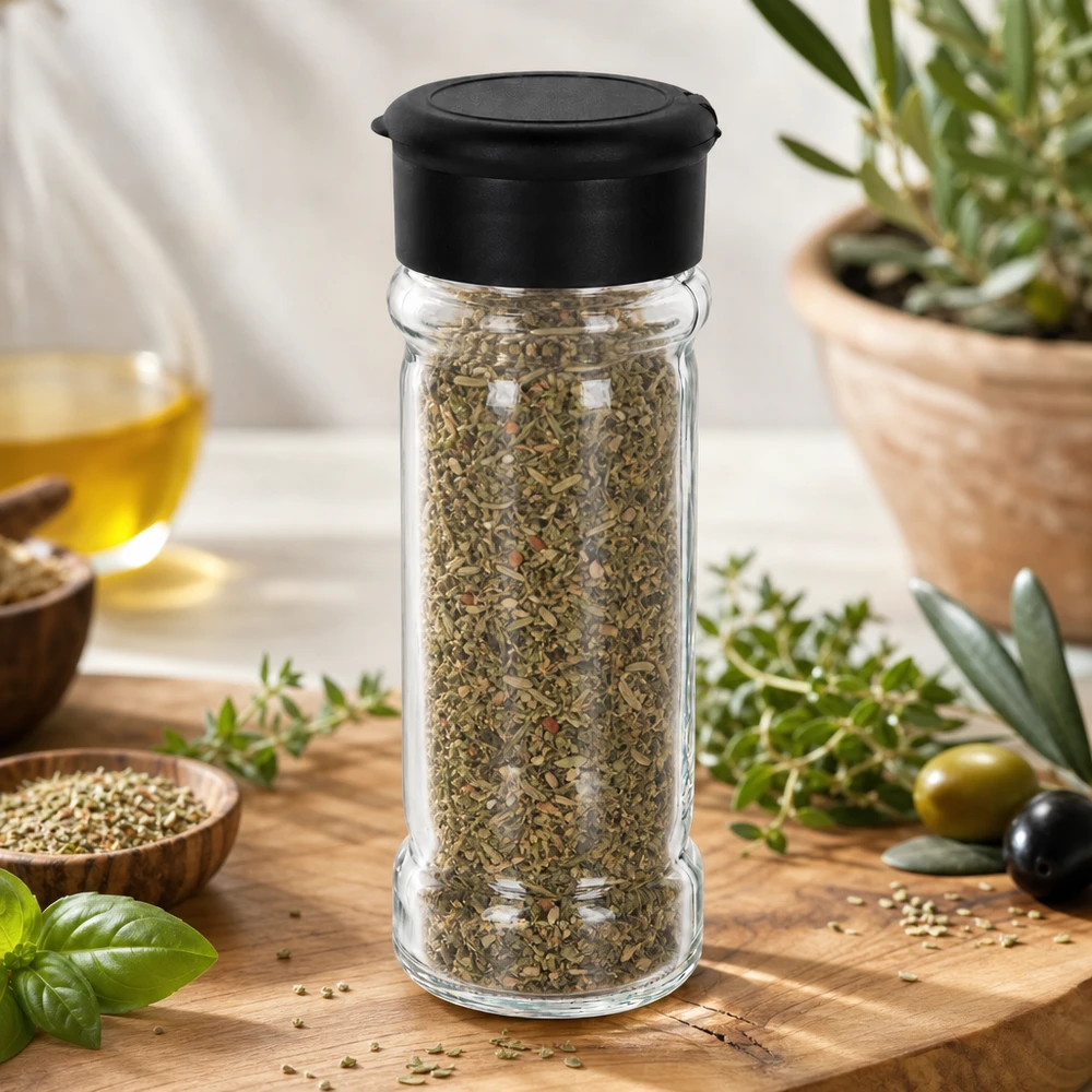Barattolo per sale/spezie da 100 ml con dosatore, nero Barattolo di erbe aromatiche da 100 ml con spargitore nero, su un tagliere di legno accanto a ramoscelli di ulivo freschi