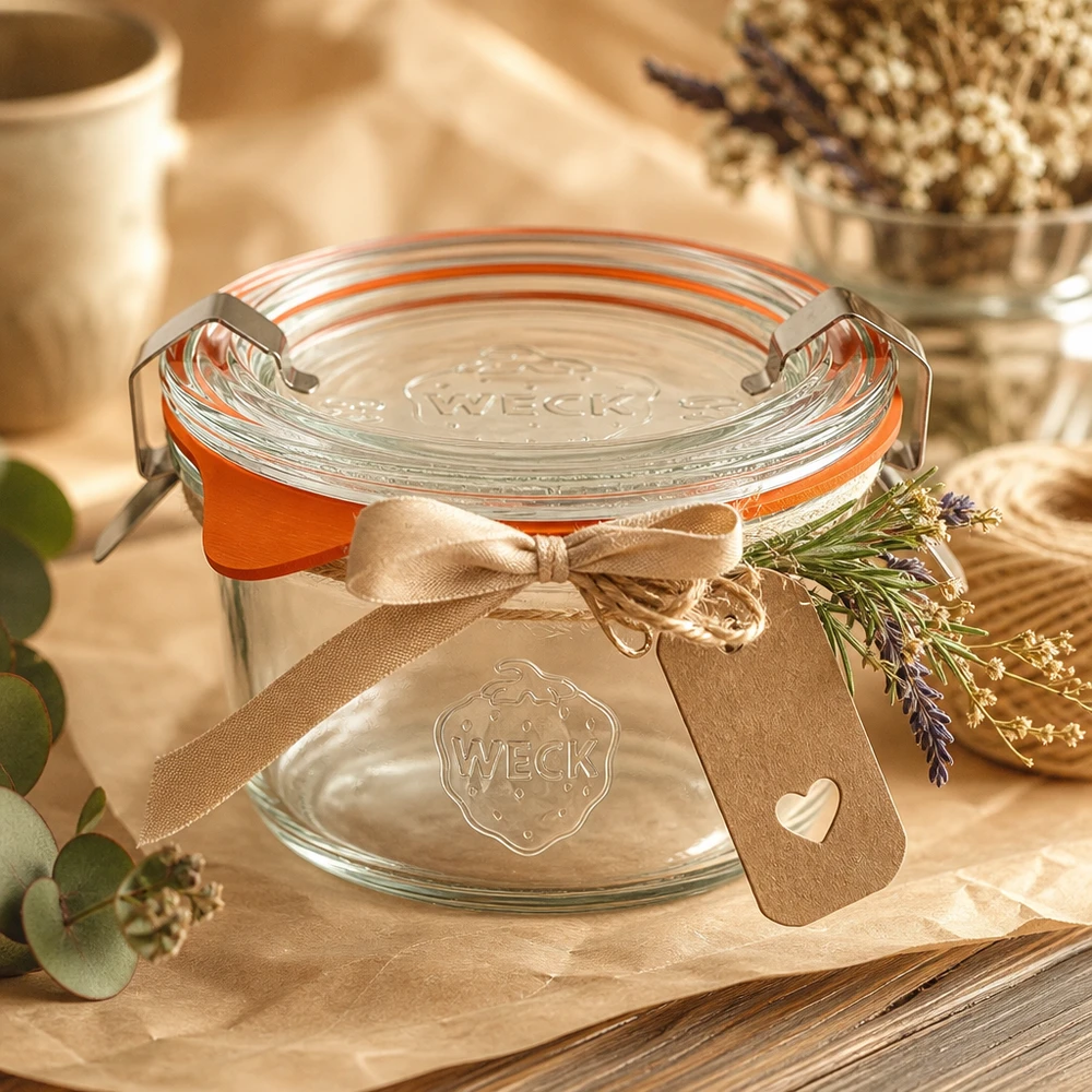 Bicchieri da 50 ml completi WECK RR60 WECK 50ml tumbler RR60 disposti in modo decorativo con un fiocco e lavanda come idea regalo su un tavolo di legno rustico