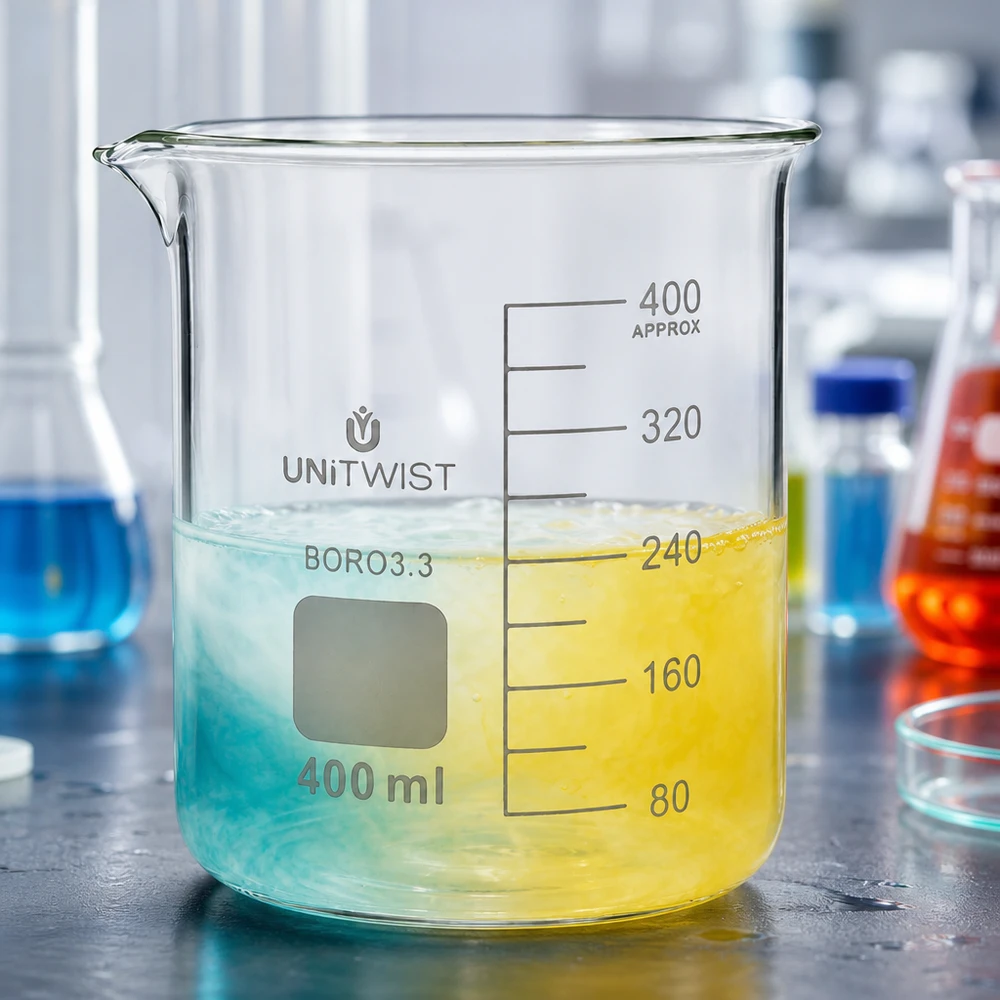 Bicchiere da laboratorio UNiTWIST da 400 ml in borosilicato con liquido colorato in blu e giallo