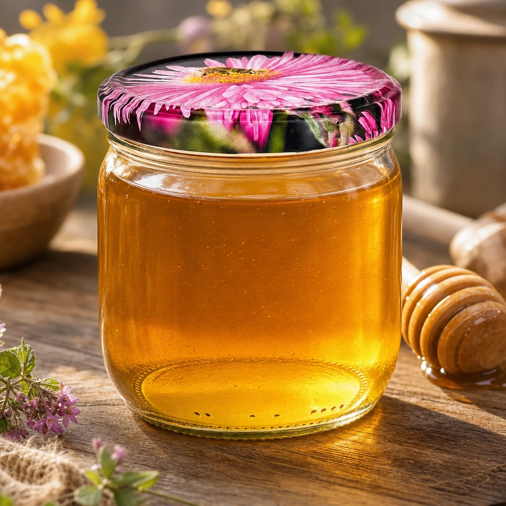 Vaso rotondo da 425 ml con coperchio a fiore riempito di miele dorato, cucchiaio da miele e fiori di campo su un tavolo di legno