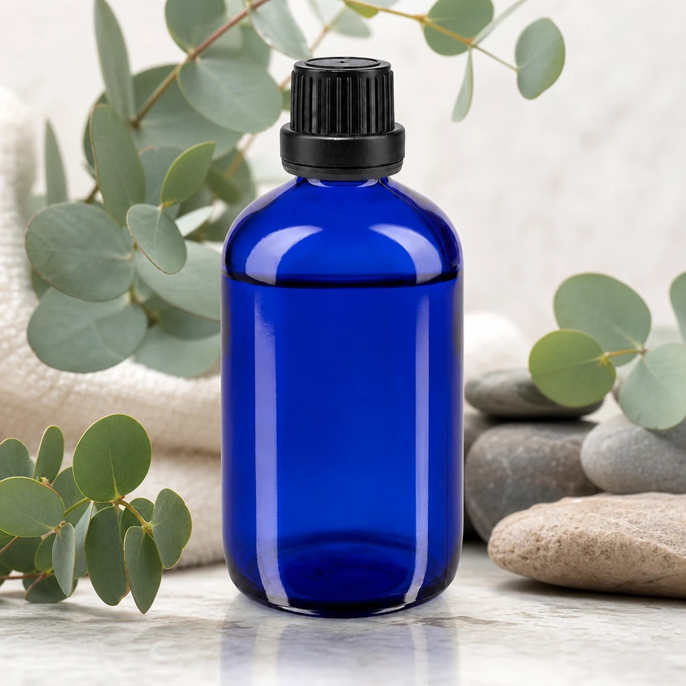 Flacone da farmacia rotondo blu da 100 ml con tappo a vite in plastica a prova di bambino