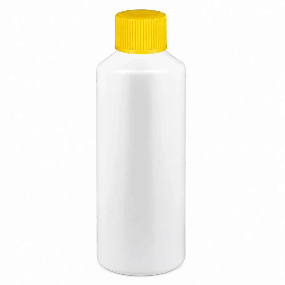 Piccolo flacone farmaceutico bianco da 100 ml in HDPE con tappo a vite giallo