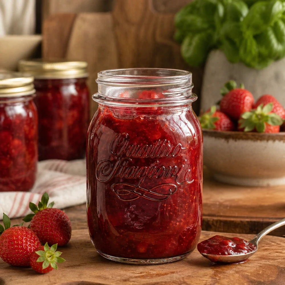 Vaso domestico "Quattro Stagioni" da 500 ml Barattolo casalingo Quattro Stagioni da 500 ml pieno di marmellata di fragole su un tavolo di legno con fragole fresche