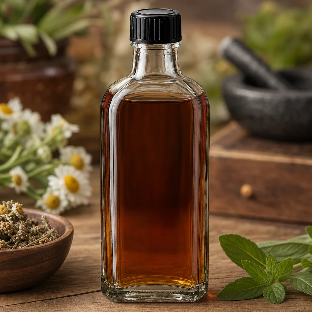 Flacone Meplat da 100 ml trasparente con guarnizione LKD accanto a erbe aromatiche e un mortaio su una base di legno