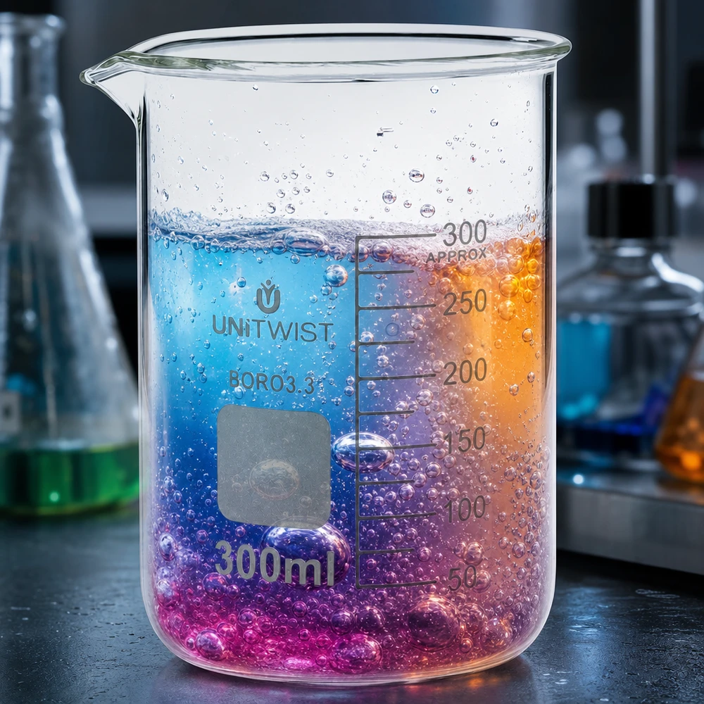 Bicchiere da laboratorio UNiTWIST da 300 ml con sfumatura colorata che va dal rosa al viola fino all'arancione