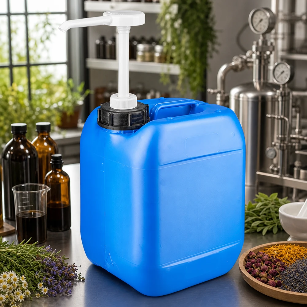 Tanica 5 litri blu con pompa dosatrice Tanica blu da 5 litri con pompa dosatrice, circondata da erbe aromatiche e bottiglie di vetro ambrato