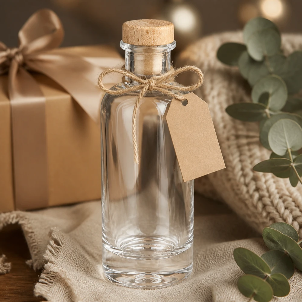 Bottiglia in vetro da 200 ml Ella con tappo in sughero con impugnatura in legno UNiTWIST® 200ml Glasflasche Ella leer mit Holzkorken und Geschenkanhänger dekorativ arrangiert mit Eukalyptus und Geschenkbox