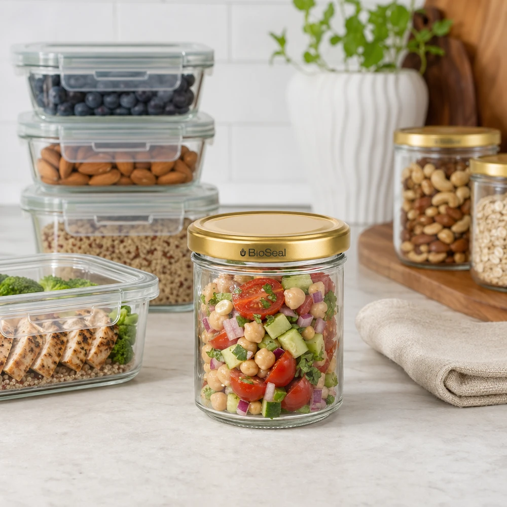 Vasetto per miele da 200 g con capsula dorata BioSeal UNiTWIST Barattolo BioSeal da 200 g con coperchio dorato pieno di insalata di ceci in una cucina organizzata con contenitori di stoccaggio
