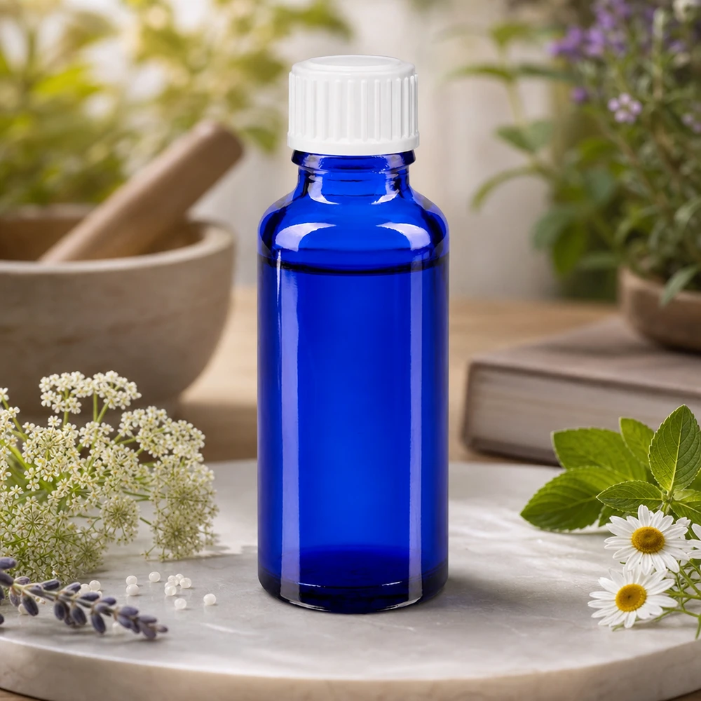 Piccolo flacone da farmacia blu da 30 ml con tappo standard bianco tra le erbe medicinali