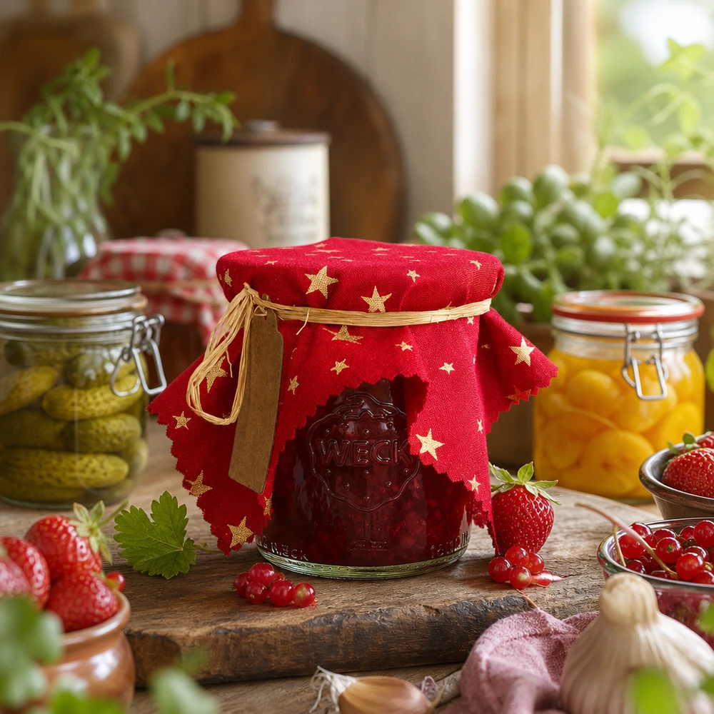 Centrino rosso a forma di stella come decorazione festosa di un barattolo di marmellata, quadrato di 15 cm, ambiente naturale in cucina