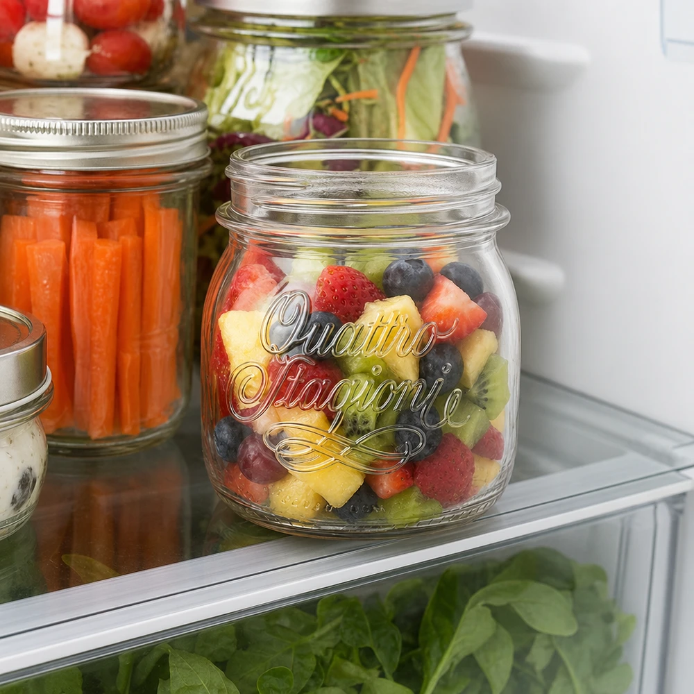 Bicchiere da 250 ml per uso domestico "Quattro Stagioni 250ml Quattro Stagioni Einmachglas mit buntem Obstsalat im Kühlschrank - perfekt für Meal Prep und Vorratshaltung
