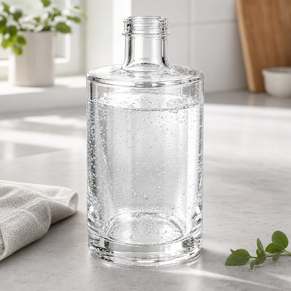 Bottiglia in vetro da 375 ml Sam senza tappo a vite UNiTWIST® Bottiglia di vetro da 375 ml di Sam riempita di acqua frizzante su un piano di lavoro della cucina di colore chiaro con asciugamano da cucina e pianta