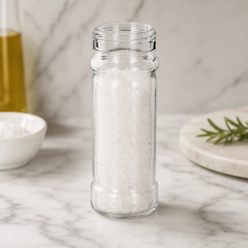 Barattolo per sale/spezie Mary 100ml, filettatura 41mm in vetro trasparente Bicchiere di vetro “Mary” da 100 ml riempito con sale marino grosso, appoggiato su un vassoio di marmo bianco