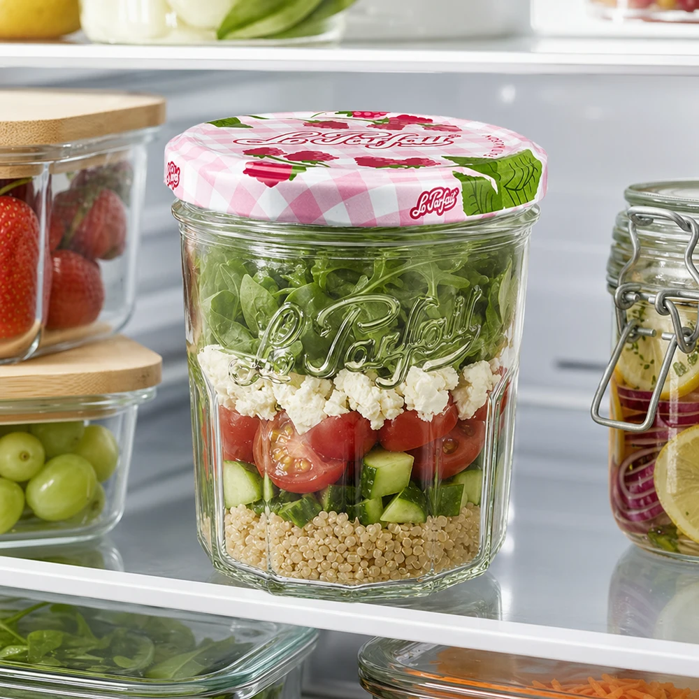 I tumbler Le Parfait da 324 ml con insalata a strati nel frigorifero mostrano l'uso pratico del barattolo per la preparazione dei pasti
