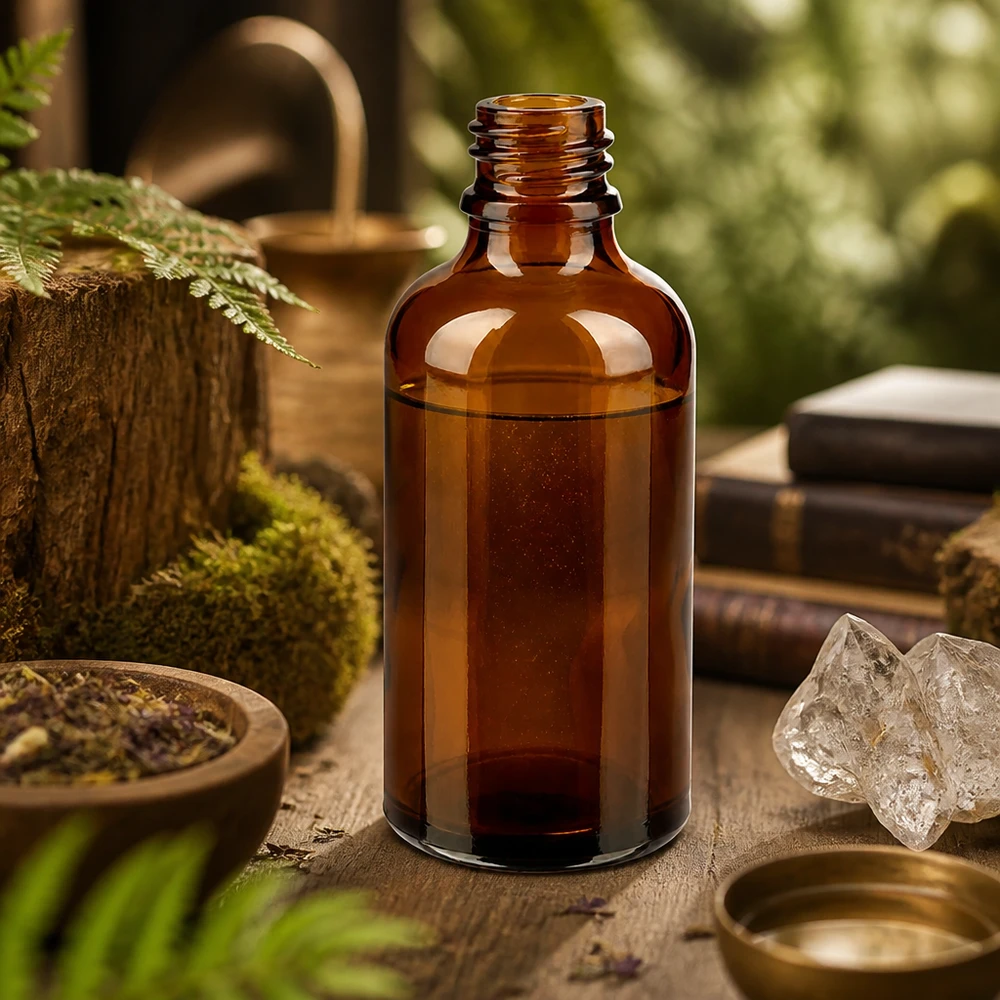 Flacone farmaceutico marrone da 50 ml ApoGlas Flacone da farmacia in ApoGlas marrone da 50 ml con estratto di erbe naturali tra cristalli di muschio e libri antichi