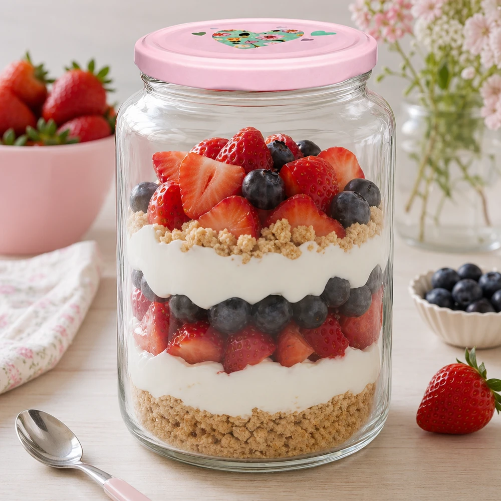 795ml vaso rotondo + coperchio BasicSeal cuore rosa UNiTWIST Rundglas 795ml mit rosa Herzdeckel gefüllt mit Beeren-Schichtdessert Parfait Anwendungsbeispiel für Desserts und Süßspei