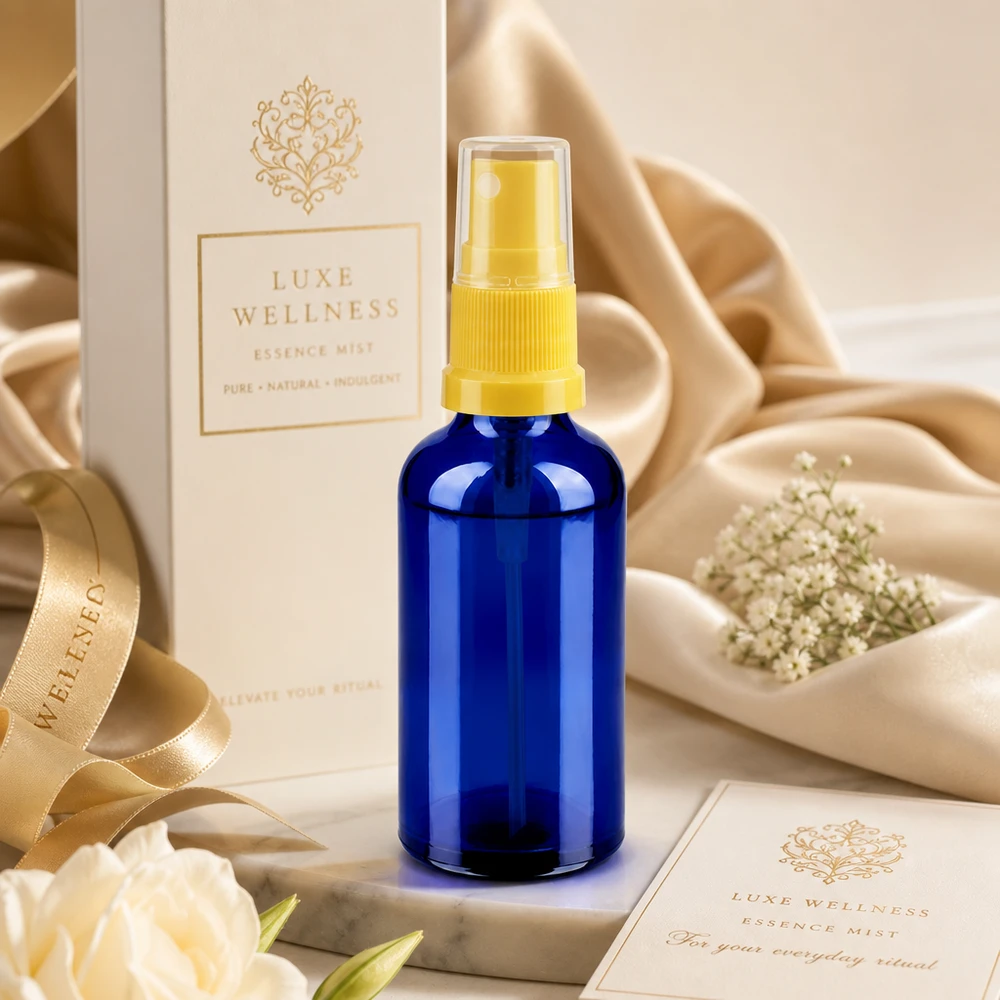 Flacone spray da 50 ml giallo/trasparente STD BlueLine UT18/50 Il flacone di vetro per la protezione dalla luce da 50 ml in blu scuro protegge gli ingredienti sensibili alla luce dai raggi UV.