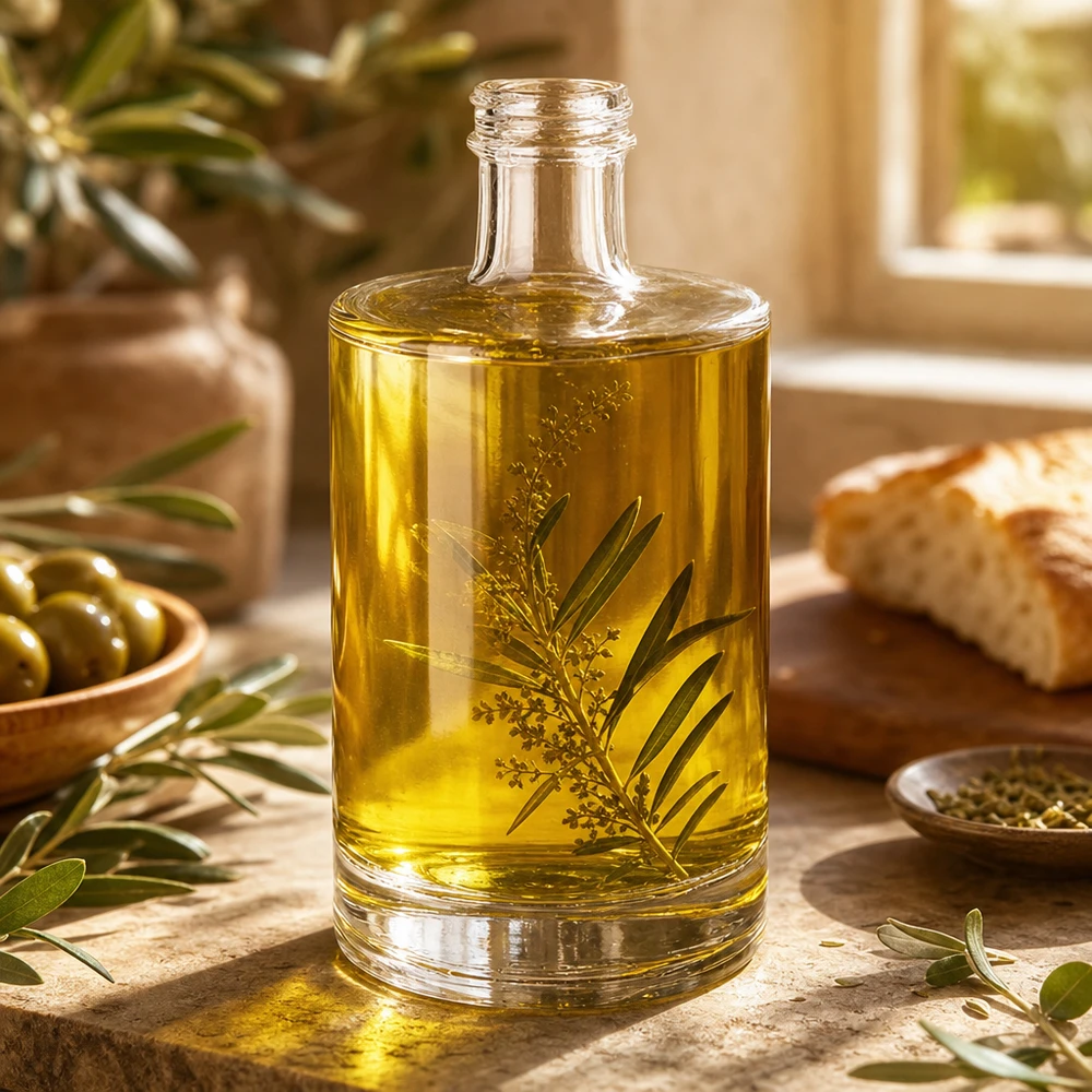 Bottiglia in vetro da 500 ml Sam senza tappo a vite UNiTWIST® Bottiglia di vetro da 500 ml Sam riempita con olio d'oliva ed erbe aromatiche Esempio di utilizzo Cucina mediterranea Decorazione