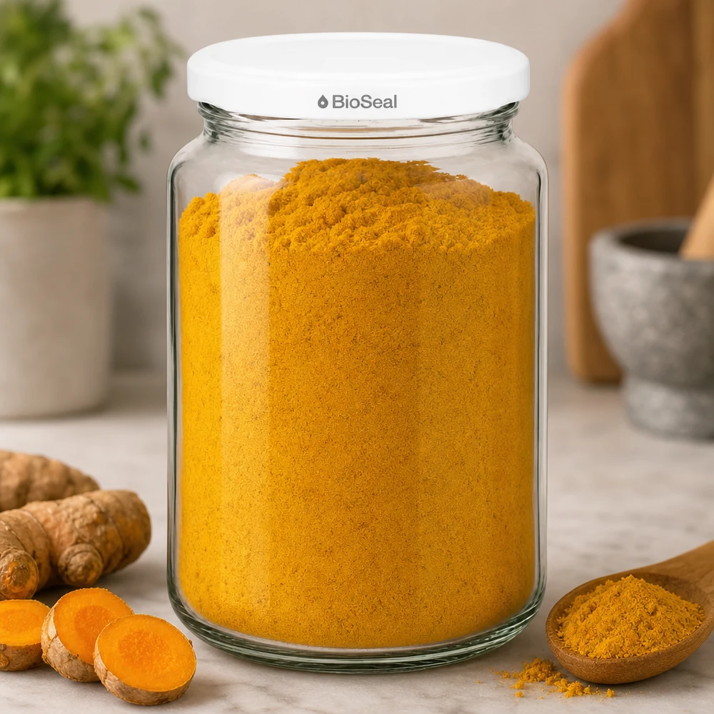 UNiTWIST Runda382 con coperchio bianco TO66 BioSeal UNiTWIST Runda382 riempito di curcuma in polvere - conservazione delle spezie in un barattolo di vetro con coperchio bianco TO66 BioSeal