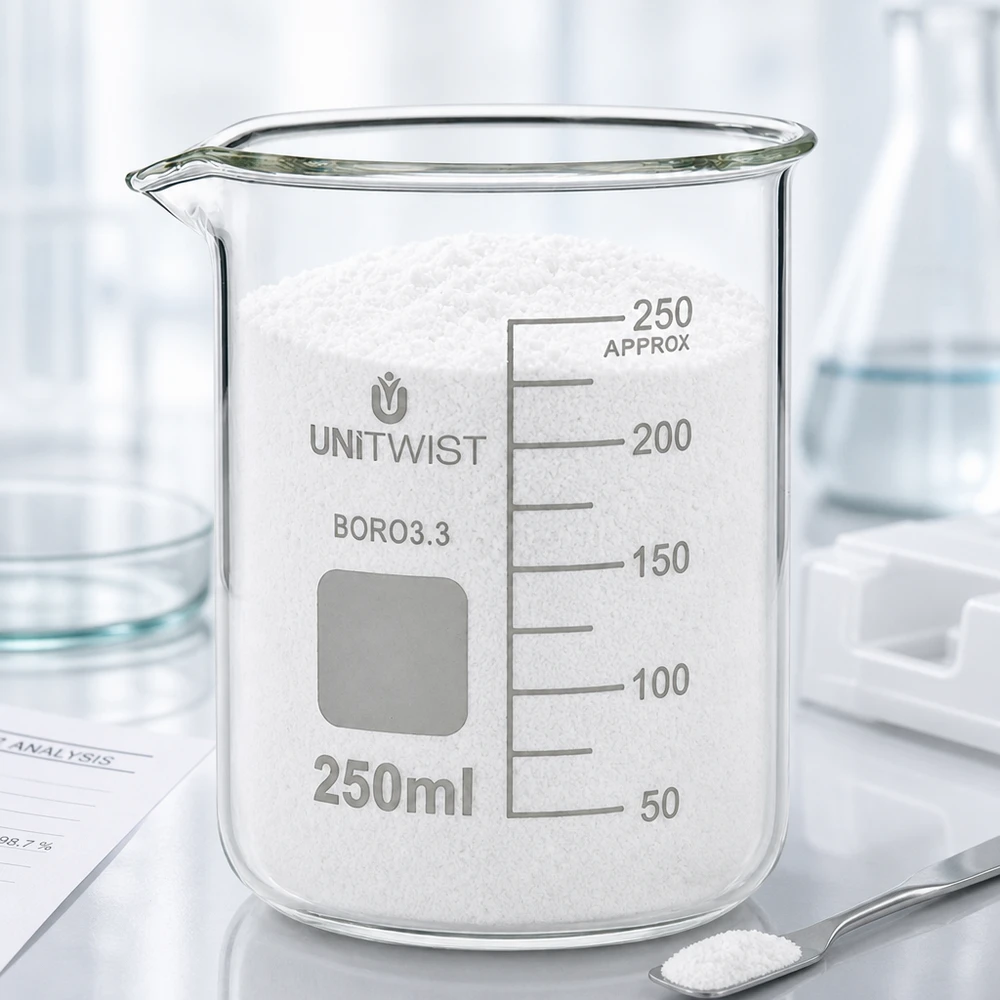 Becher da 250 ml a forma bassa, riempito di polvere bianca su supporto da laboratorio UNiTWIST