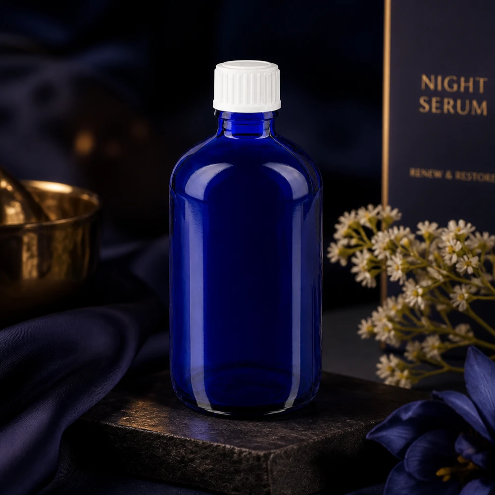 Flacone di vetro blu da 100 ml con tappo standard bianco, come confezione per il siero da notte