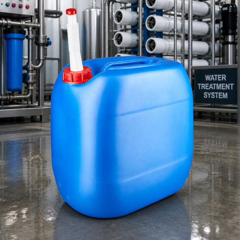Tanica 30 litri blu con tubo di uscita Flex Tanica blu in HDPE da 30 litri con tubo di scarico in un impianto di trattamento delle acque