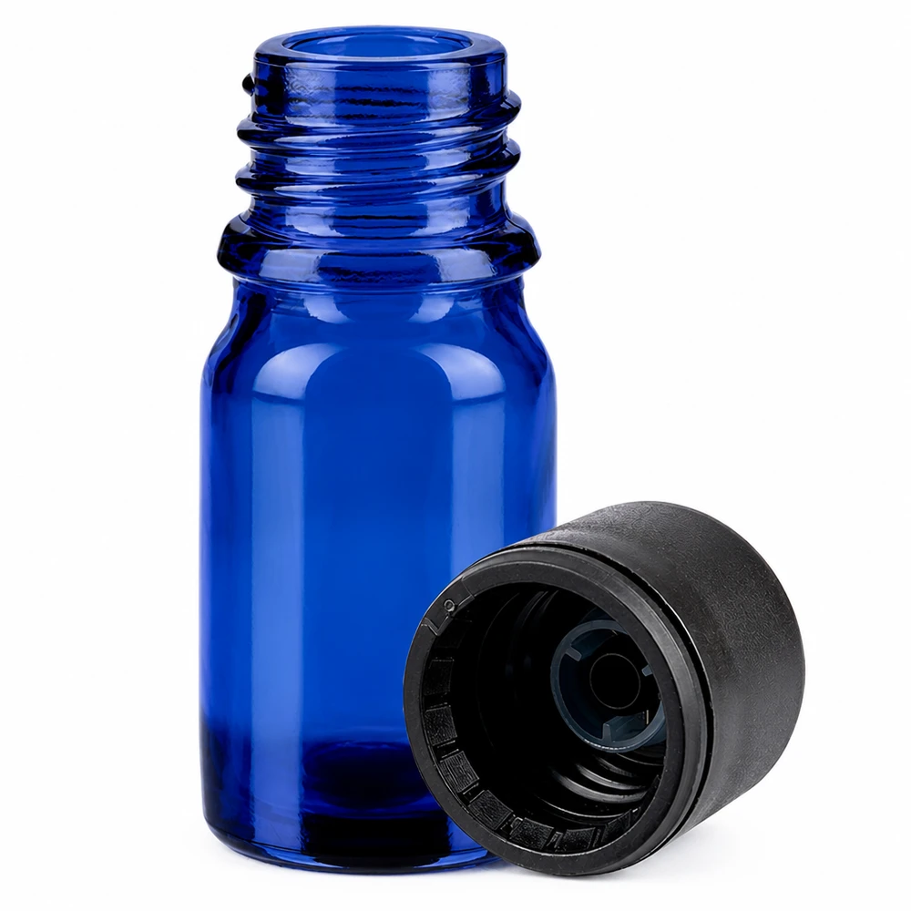 Bottiglia da 5ml 11mm SV nero OV BlueLine UT18/5 Elegante flacone in vetro blu da 5 ml con coperchio nero opaco per cosmetici e sieri fai da te