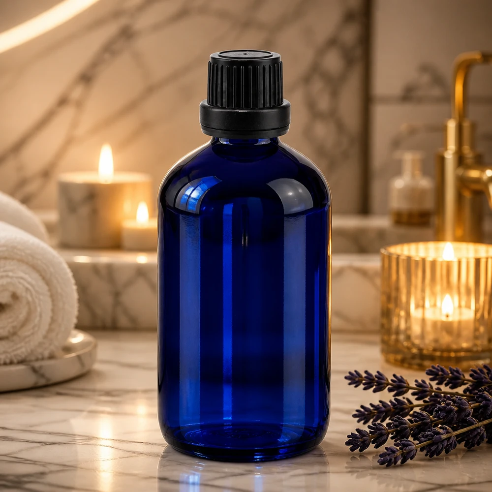 Flacone in vetro blu da 100 ml con tappo di sicurezza e contagocce per aromaterapia