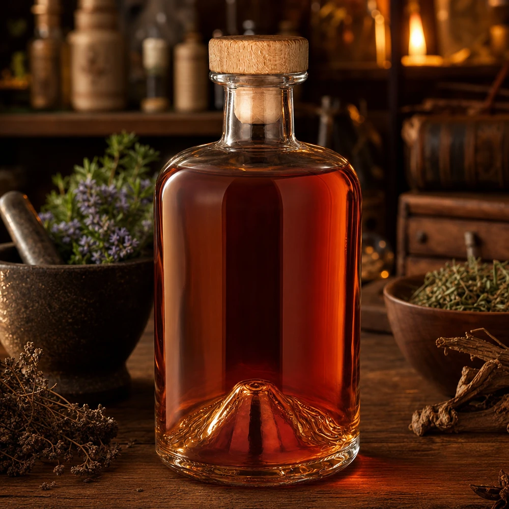 Flacone farmaceutico da 500 ml Sofia con tappo in sughero con impugnatura in legno UNiTWIST® Bottiglia in vetro Sofia UNiTWIST da 500 ml riempita di liquido ambrato in un ambiente di cucina rustica con erbe aromatiche
